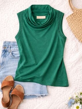 Anthropologie Emerald Green Cowl Neck Lace-Trim Tank Sz S